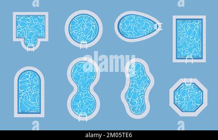 Vista sulla piscina. Area interna esterna per nuoto e relax tempo esatto piscina vettoriale con acqua cartoon Illustrazione Vettoriale
