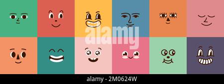 Mascotte vettoriali facce carino cartone animato. Faccia emozionale retrò, design variegato di emozioni quadrate. Personaggi trendy positivi, elementi astratti divertenti Illustrazione Vettoriale