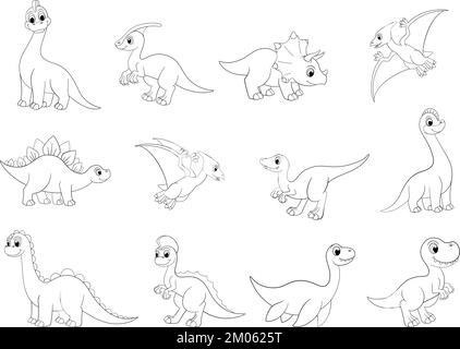 Contorni dinosauri, t-rex e pterodattile. Dinos linea isolato su bianco, preistorico cartone animato dinosauro. Bambini dino clipart, pacchetto di colorazione vettoriale Illustrazione Vettoriale