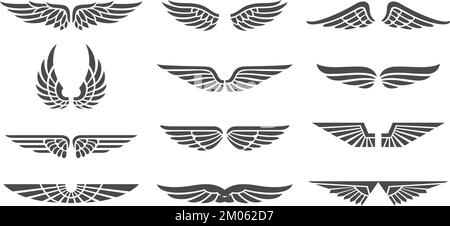 Badge ad alette. Eagle Wings set, insegne retrò, segnali alati per il business dell'aviazione emblemi tatuaggi etichette Illustrazione Vettoriale