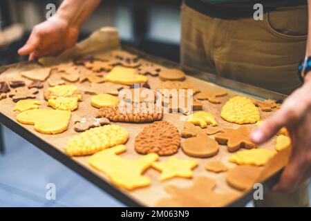 foglio da forno con biscotti allo zenzero. biscotti allo zenzero fatti in casa a natale Foto Stock