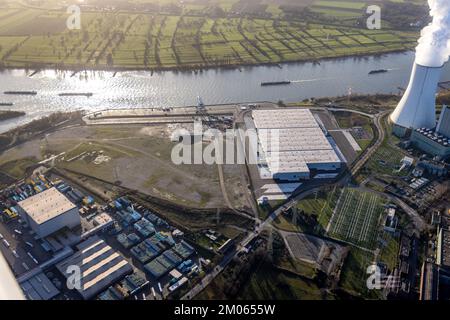 Vista aerea, cantiere logport VI con vapore STEAG impianto combinato di riscaldamento e di energia elettrica Walsum nel distretto di Alt-Walsum a Duisburg, Ruhr sono Foto Stock