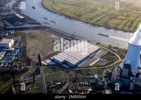 Vista aerea, cantiere logport VI con vapore STEAG impianto combinato di riscaldamento e di energia elettrica Walsum nel distretto di Alt-Walsum a Duisburg, Ruhr sono Foto Stock