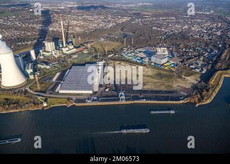 Vista aerea, cantiere logport VI con vapore STEAG impianto combinato di riscaldamento e di energia elettrica Walsum nel distretto di Alt-Walsum a Duisburg, Ruhr sono Foto Stock