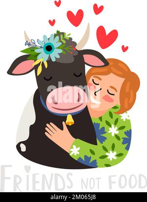Ragazza gentile felice mostra il suo amore per gli animali e abbracciando una mucca. Natura rispetto concetto e stile di vita vegano. Carino vitello con la corona di fiori sulla testa e circondato da cuori. Illustrazione vettoriale Illustrazione Vettoriale