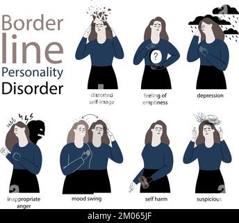 Set di illustrazioni vettoriali di una donna che soffre di disturbo mentale borderline di personalità. Sbalzi d'umore, pensieri ossessivi, psicosi. Concetto di illustrazione dissociazione, derealizzazione, depressione Illustrazione Vettoriale