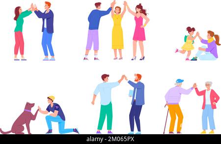 Dando cinque alti. Amici dare 5, amici hi saluto gesto di fiducia dipendenti unità persone, bambini lapping mano coppia insieme studente successo celebrazione, swanky vettore illustrazione di insieme squadra Illustrazione Vettoriale