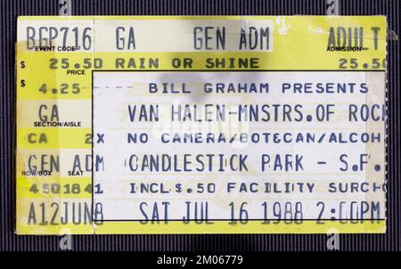 San Francisco, California - 16 luglio 1988 - biglietto per il festival musicale Monsters of Rock con Van Halen, Scorpions, metallica, Dokken e Kingdom Foto Stock