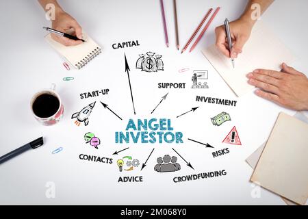 Angel Investor Business Concept. L'incontro al tavolo bianco dell'ufficio. Foto Stock