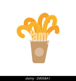 Churros o churro in tazza di carta. Piatti tradizionali spagnoli e messicani, dessert. Impasto fritto. Illustrazione vettoriale disegnata a mano. Stile cartone animato Illustrazione Vettoriale