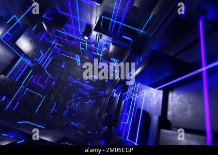 Sfondo astratto da cubi di metallo. Tunnel di cubi metallici e linee blu al neon. rendering 3d.. Foto Stock