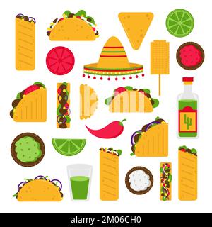 Cibo messicano impostato in stile vettoriale cartone animato. Taco e burrito, nachos con salsa, ingredienti tradizionali. Illustrazione Vettoriale