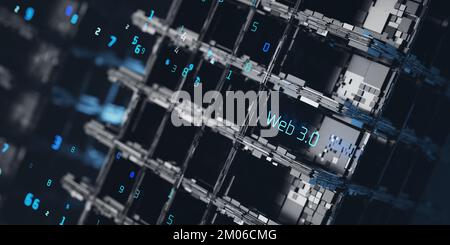 WEB 3,0 sullo sfondo di blocchi scuri. Il concetto di decentramento, tecnologia e aggiornamento. Rendering 3D.. Foto Stock