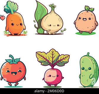 Carino sorridente cartone animato vettore verdure set Illustrazione Vettoriale