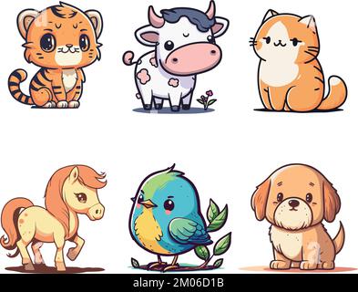 Carino vettore cartoon animali set, cane, mucca, gatto, cavallo, uccello e cane Illustrazione Vettoriale