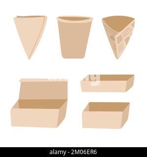 Confezionamento in carta per alimenti di strada e consegna. Set di icone disegnate a mano. Scatole, borse, tazza in stile cartoon Illustrazione Vettoriale