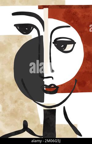 Faccia astratta disegnata a mano, forme geometriche rosse e beige disegno minimalista. Ritratto alla moda. Poster artistici creativi. Design per carta da parati, arredamento da parete. Foto Stock