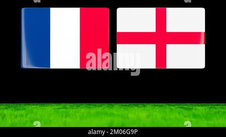 Bandiere nazionali di Inghilterra e Francia come carte lucide che galleggiano su un campo verde. Rendering 3D. Foto Stock