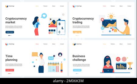 Il commercio di criptovalute nel mercato del criptovaluta, la pianificazione aziendale, le sfide e i rischi impostano l'illustrazione vettoriale. Cartoon le persone piccole lavorano con il calendario di eventi e riunioni online, grafici di rapporto finanziario Illustrazione Vettoriale