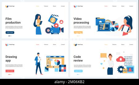 Produzione di film e video, revisione del codice e disegno web Set illustrazione vettoriale. Cartoon persone piccole registrare video con fotocamera e software, modificare con editor grafico, sviluppare applicazioni mobili Illustrazione Vettoriale