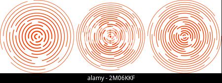 Cerchi di ripple concentrici rossi impostati. Sonar o suono Wave rings collezione. Concetti di epicentro, target, radar, elementi di vibrazione. Segnale radiale. Illustrazione Vettoriale