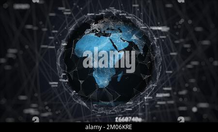 Globo terrestre di notte circondato dal rumore digitale, tecnologia futuristica che illustra il mondo digitale con effetti di luce su sfondo galassico Foto Stock
