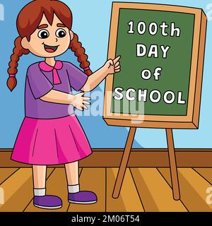 100th giorno di scuola studente ragazza Cartoon colorato Illustrazione Vettoriale