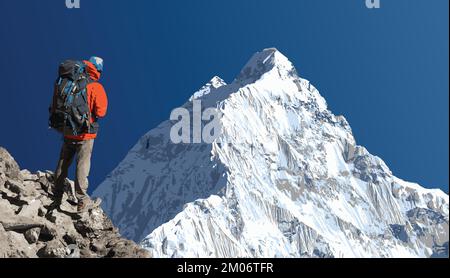 Monte Nuptse con escursionista, montagna vettore illustrazione paesaggio himalaya Illustrazione Vettoriale