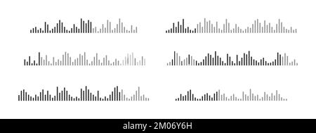 Set di simboli delle onde sonore. Chat audio, file voicemail, registrazione vocale o brano, impulsi, segnale, pittogrammi di conversazione online. Messenger, radio, podcast, elementi del lettore. Illustrazione grafica vettoriale Illustrazione Vettoriale