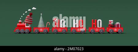 Treno rosso e carri riempiti con ho ho ho ho Babbo Natale preventivo su sfondo verde. Creative buon Natale e buon anno concept 3D rendering Foto Stock