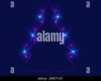Albero di Natale contorno laser. Albero di Natale luminoso nello stile degli anni '80s. Effetto neon incandescente. Scintillante luce dell'albero di Natale. Design xmas per pos Illustrazione Vettoriale