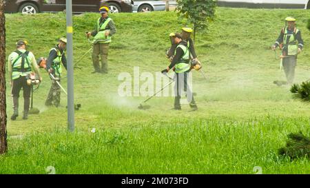 Ucraina, Kiev, 06.20.2019. Un gruppo di lavoratori municipali pubblici in uniformi verdi e maschere falciando erba in un parco con Handheld Gasoline Lawn mo Foto Stock