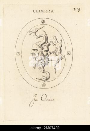 Amuleto per evitare il male con una chimera in onice. Dedicato al dio egiziano Thoth, mostra una chimera Ibis con i volti umani e la testa di ariete in piedi su un coccodrillo. Chimera in onice. Incisione in copperplate di Giovanni Battista Galestruzzi dopo Leonardo Agostini da Gemmae et Sculpturae Antiquae Depicti ab Leonardo Augustino Senesi, Abraham Blooteling, Amsterdam, 1685. Foto Stock