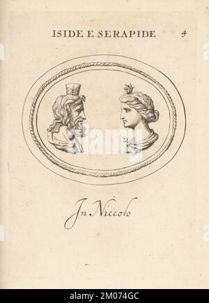 I capi degli dei egizi Iside e Serapide si affrontano l'uno di fronte all'altro. Serapis, divinità del sole Greaco-Egiziana portatrice di un modius o calato, corona cilindrica decorata con foglie di vite e giunchi. Isis, dea della terra egiziana, con foglie di pesca sulla testa. Incisione in copperplate di Giovanni Battista Galestruzzi dopo Leonardo Agostini da Gemmae et Sculpturae Antiquae Depicti ab Leonardo Augustino Senesi, Abraham Blooteling, Amsterdam, 1685. Foto Stock