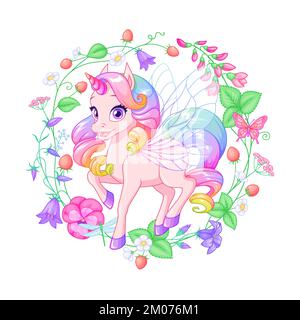 Simpatico unicorno rosa con ali e corona di fiori estivi. Illustrazione vettoriale isolata su sfondo bianco. Illustrazione Vettoriale