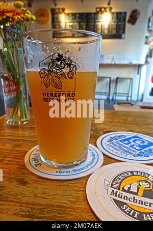 Bicchieri da pinta presso la birreria Hereford, Hereford Beer House 65 West Street Hereford, Inghilterra, Regno Unito, HR4 0BX - forte IPA nocciola Foto Stock