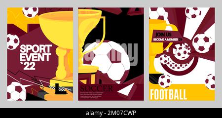 Modello colorato per banner sportivi da calcio. Evento speciale, poster sportivo con palle e coppe premiate. Illustrazione vettoriale. Illustrazione Vettoriale