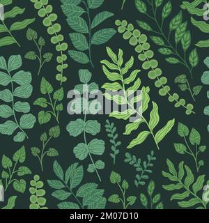 La botanica scura vintage lascia lo sfondo vettoriale. Texture creativa per tessuti, tessuti, stampe di design e moda. Illustrazione Vettoriale