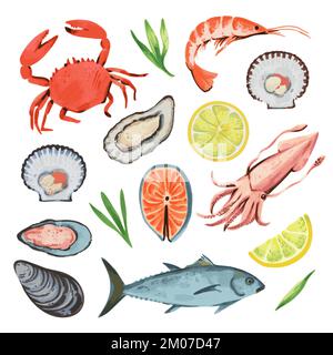 Pesce in stile acquerello disegnato a mano. Elementi isolati vettoriali per molluschi, gamberetti, granchi e pesci. Illustrazione Vettoriale