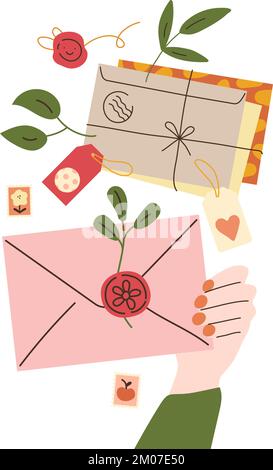 Buste postali a mano. Lettere scritte a braccia umane. Donna firma cartoline e inviti. Sigilli di cera e foglie di pianta. Francobolli. Post Illustrazione Vettoriale