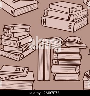 Disegno a mano senza cuciture con libri di lettura vecchia biblioteca su sfondo marrone beige. Conoscenza didattica libro amanti design, torna a scuola leggere vintage tessuto stampa, letteratura concetto libreria Foto Stock