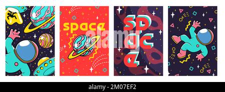Poster futuristici retrò con astronauta carino nello spazio con piattini ufo alieni, pianeti, stelle e forme geometriche astratte. Design infantile vintage in stile funky, cartoon vettoriale illustrazione, volantini Illustrazione Vettoriale