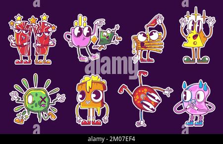 Retro adesivi cibo e colazione Y2K personaggi divertente isolato set. Toast a sandwich con burro, pomodoro e pancetta, formaggio, fetta di salsiccia e tazza da tè pazzo personaggi, cartoni vettoriali Cartoon Illustrazione Vettoriale