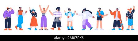 Insieme piatto di persone diverse isolate su sfondo bianco. Illustrazione vettoriale di personaggi maschili e femminili che indossano abiti casual moderni in linea, sorridenti, mani ondulate, mostrando segno di vittoria Illustrazione Vettoriale