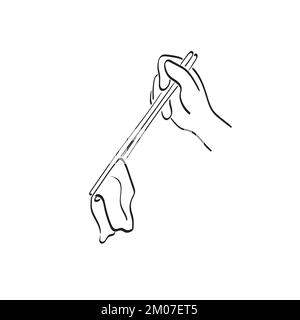 la mano di primo piano usando i chopsticks per mantenere il vettore di illustrazione del cibo disegnato a mano isolato sulla linea di fondo bianca Illustrazione Vettoriale