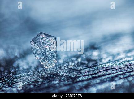Gelate su un legno, cristalli bianchi su un piatto di legno Foto Stock