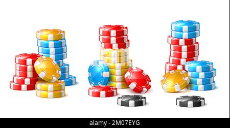 Stack di chip realistici. I gettoni colorati del gioco rotondo impilano gli elementi differenti di colori, gioco del poker, roulette, accessori di scommessa, 3D gioco isolato Illustrazione Vettoriale