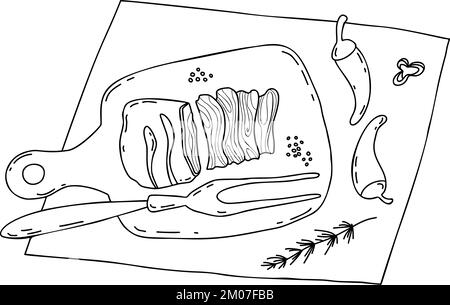 Cibo messicano di carne alla griglia. Carne Asada grigliata di manzo, pezzi di carne sul tavolo da cucina con peperoncino e forchetta grande. Disegno lineare vettoriale in doodle s Illustrazione Vettoriale