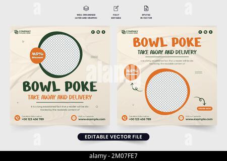 Modello promozionale per menu deliziosi per il settore dei ristoranti. Modello di pubblicità alimentare con colori bianco sporco e arancione. Cucina soci Illustrazione Vettoriale