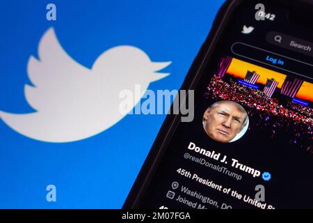 Donald Trump account Twitter (realDonaldTrump) su iPhone su Twitter bg. Nel novembre 2022, Elon Musk ha annunciato la riattivazione del conto di Donald Trump Foto Stock